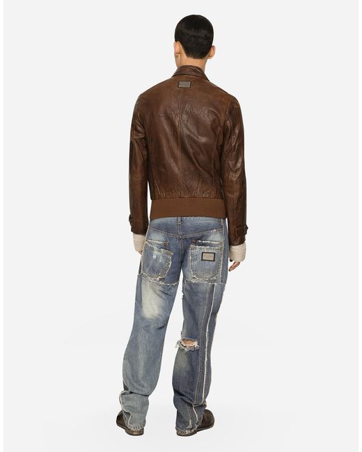 メンズ Dolce & Gabbana ジャケット クリンクルドレザー ロゴプレート Brown