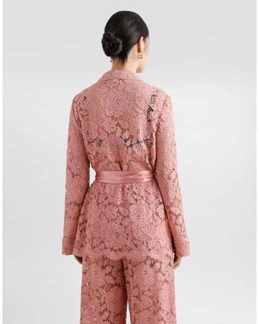 Dolce & Gabbana Pink Floral Cordonetto Lace Pajama Shirt With Dg Logo