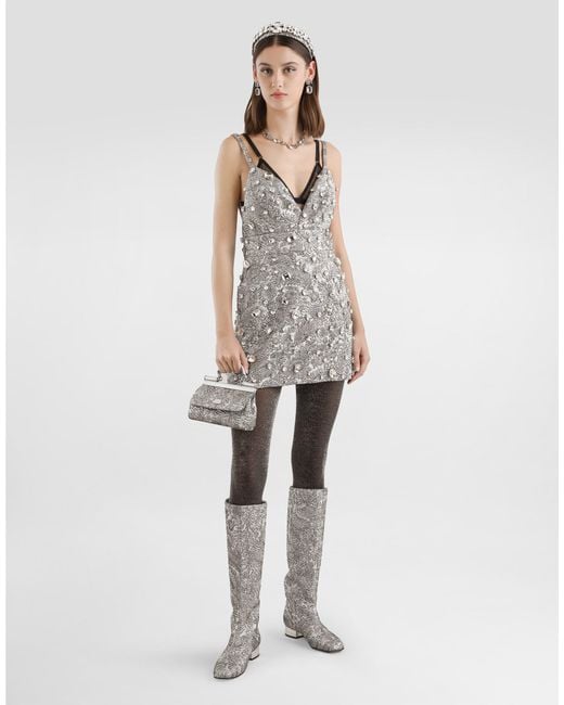 Dolce & Gabbana Gray Brocade Dress With Embroidery