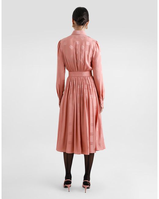Dolce & Gabbana Pink Silk Satin Jacquard Shirt Dress With Dg Logo