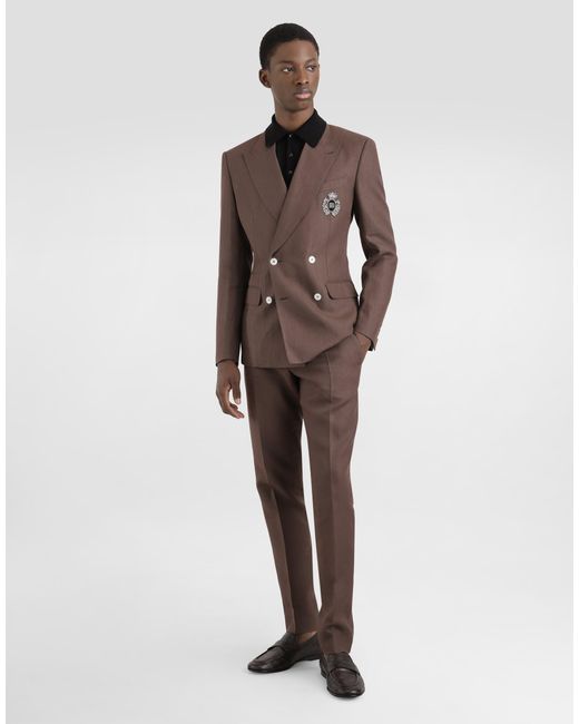 Dolce & Gabbana Brown Double-Breasted Linen Jacket With Patch for men