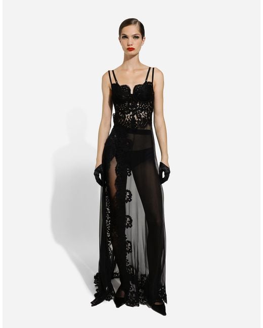 Dolce & Gabbana Black Long Silk Chiffon And Chantilly Lace Slip Dress