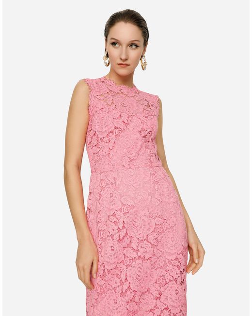 Dolce & Gabbana Pink Branded Stretch Lace Calf-Length Dress