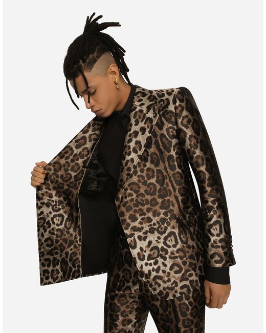 Dolce & Gabbana Black Double-Breasted Leopard-Design Jacquard Sicilia-Fit Suit for men