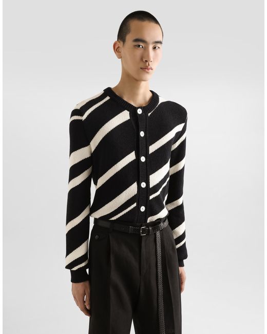 Dolce & Gabbana Black Long-Sleeved Cotton Cardigan With Stripe Inlay for men