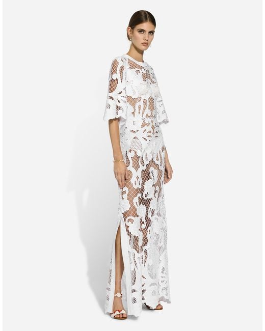 Dolce & Gabbana White Long Dress With Openwork Embroidery