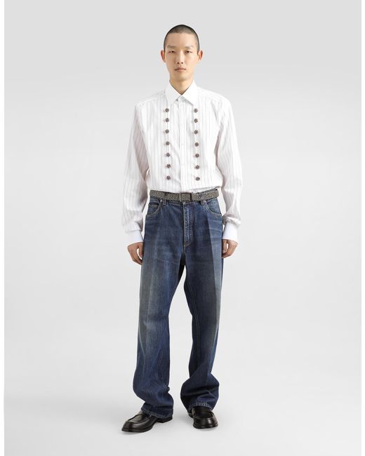 Dolce & Gabbana White Striped Cotton Shirt With Bejeweled Details for men