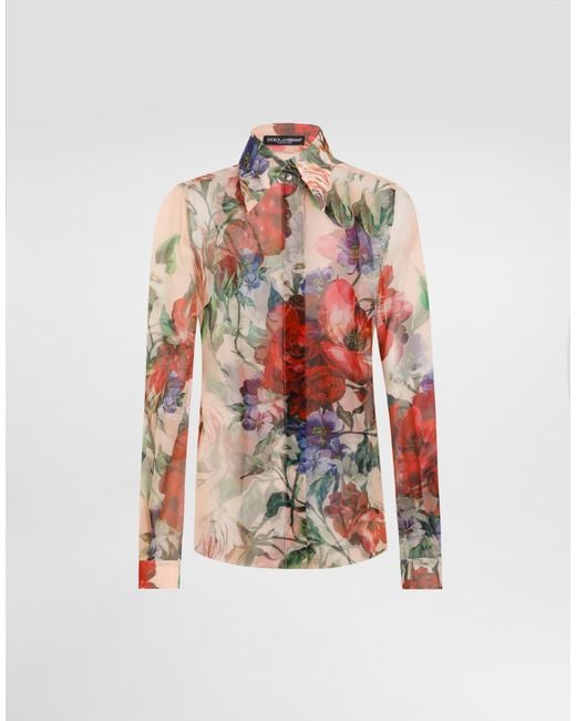 Dolce & Gabbana White Long-Sleeved Floral- Chiffon Shirt