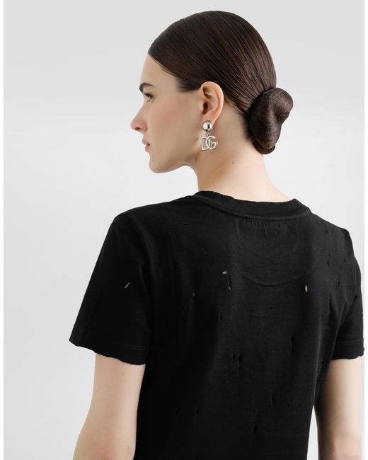 Dolce & Gabbana Black Jersey T-Shirt With Rips And Tag