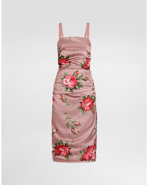 Dolce & Gabbana White Rose Bouquet-Print Satin Dress