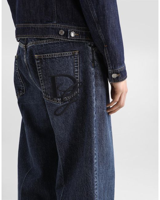 メンズ Dolce & Gabbana ロゴエンブロイダリー オーバーサイズ コットン ジーンズ Blue