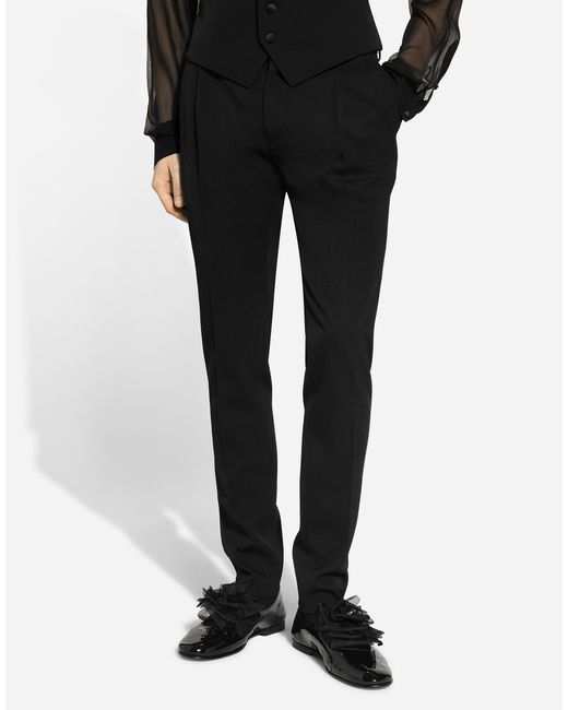 Dolce & Gabbana Black Tailored Wool Gabardine Tuxedo Pants for men