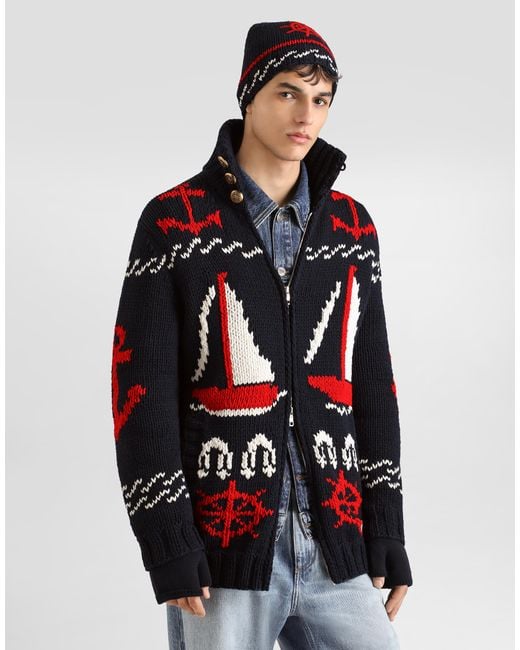 Dolce & Gabbana Multicolor Cotton Intarsia Cardigan for men