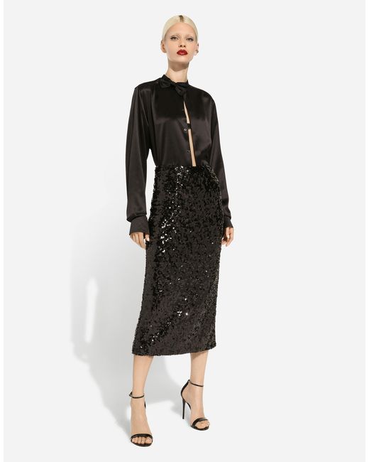 Dolce & Gabbana Black Silk Bow Tie-Detail Blouse