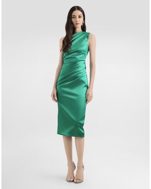 Dolce & Gabbana Green One-Shoulder Stretch Satin Dress