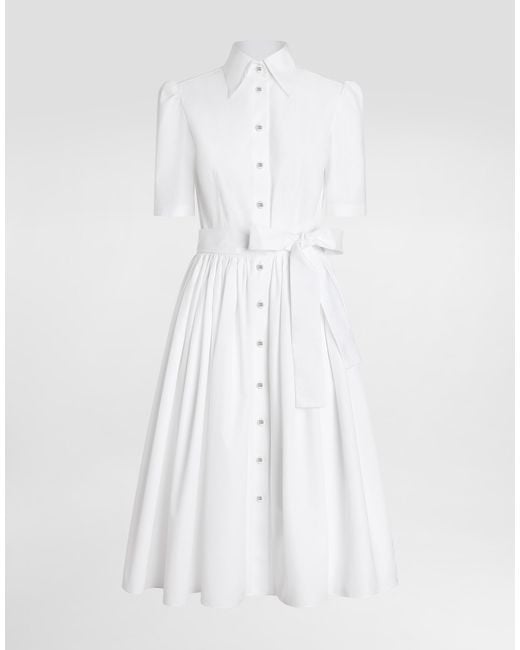 Dolce & Gabbana White Cotton Calf-Length Shirt Dress