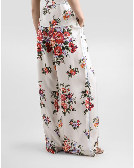 Dolce & Gabbana White Flower Bouquet-Print Twill Trousers