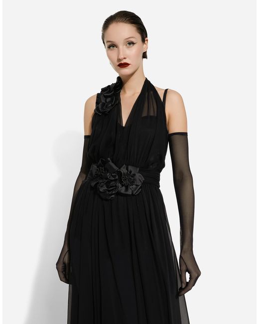 Dolce & Gabbana Black Long Silk Chiffon Dress With Floral Appliqué