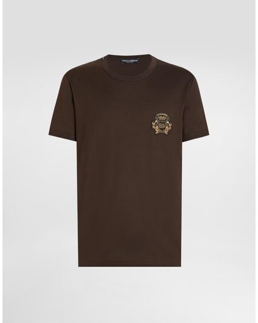 Dolce & Gabbana Brown Cotton T-Shirt With Heraldic Patch for men