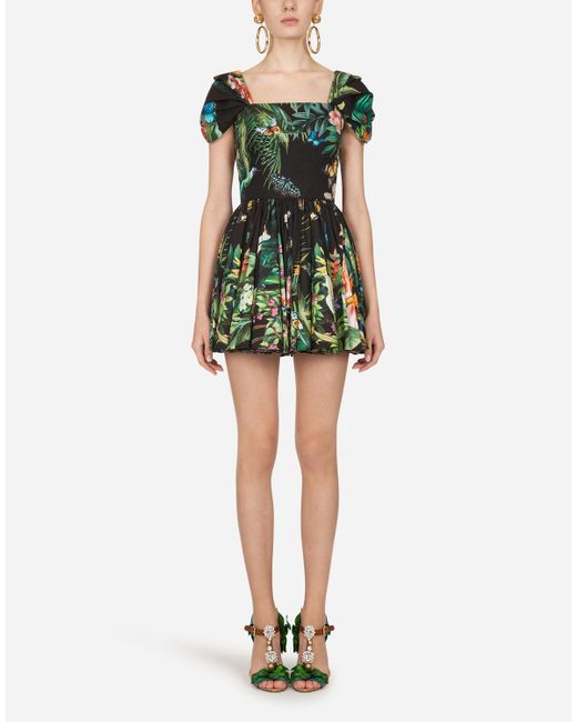 Dolce & Gabbana Green Short Poplin Dress With Jungle Print