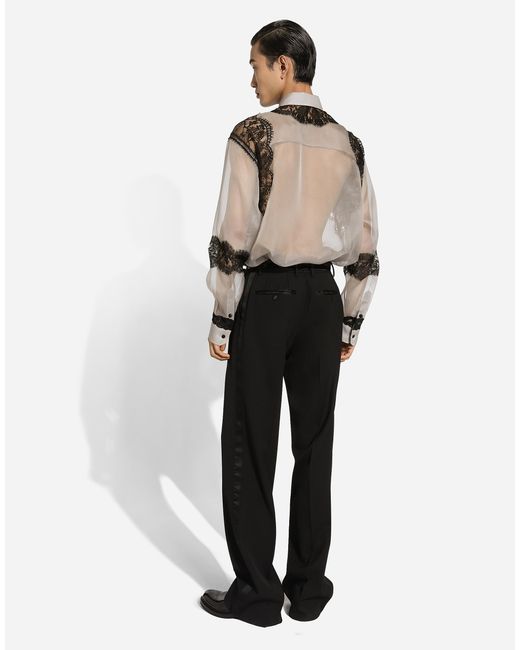 Dolce & Gabbana Gray Sheer Silk Lace-Trim Shirt for men
