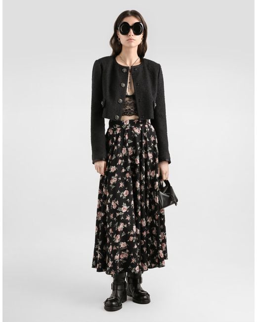 Dolce & Gabbana White Vintage Roses-Print Charmeuse Circle Skirt