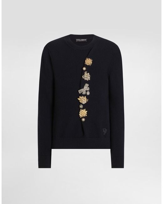 Dolce & Gabbana Blue Wool Round-Neck Sweater With Bejeweled Buttons for men