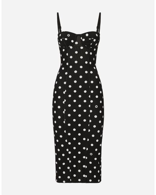 Dolce & Gabbana Black Stretch Midi Sheath Dress With Polka Dot Print