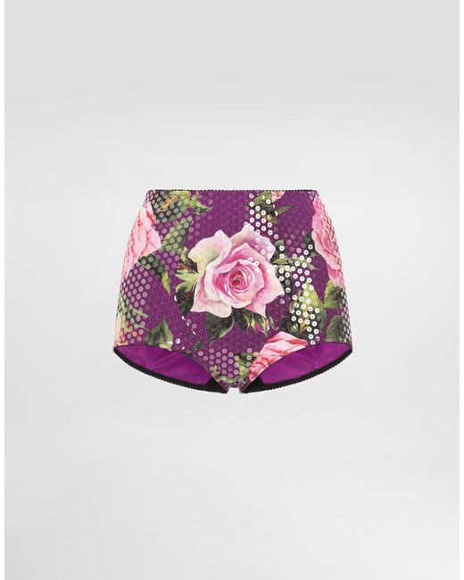Dolce & Gabbana Pink Sequin-Embroidered Cady High-Waisted Panties With Rose