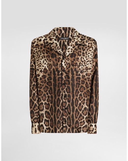 Dolce & Gabbana Brown Silk Vanity Shirt With Leopard for men