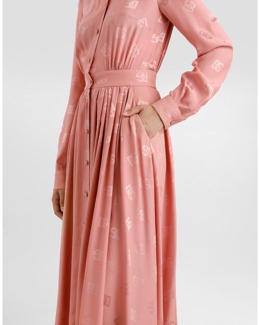 Dolce & Gabbana Pink Silk Satin Jacquard Shirt Dress With Dg Logo