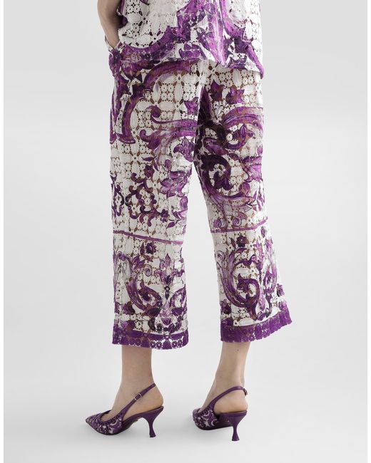 Dolce & Gabbana Purple Majolica-Print Crochet Lace Trousers