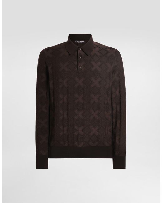 Dolce & Gabbana Black Wool And Silk Polo Shirt With Microdot Print for men