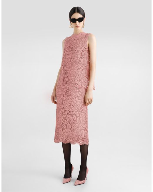 Dolce & Gabbana Pink Logoed Floral Cordonet Lace Pencil Skirt