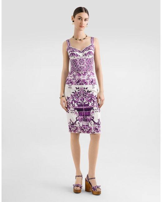 Dolce & Gabbana Purple Majolica-Print Charmeuse Bustier Top