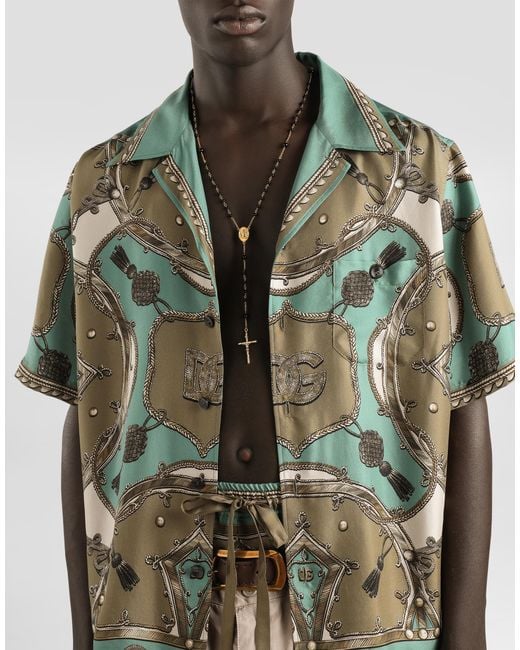 Dolce & Gabbana Green Cargo-Print Hawaii Washed Silk Twill Shirt for men