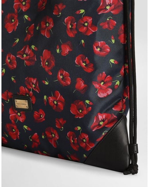 Dolce & Gabbana Red Poppy-Print Nylon Backpack