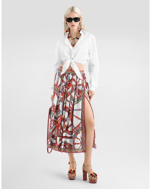 Dolce & Gabbana Red Carretto-Print Poplin Long Skirt