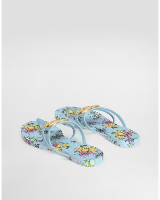 Dolce & Gabbana Blue Rubber Beachwear Slides With Logo And Little Flowers Print