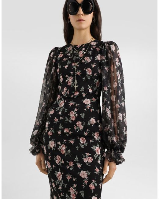 Dolce & Gabbana Black Kleid Aus Charmeuse Mit Vintage-Rosen-Print