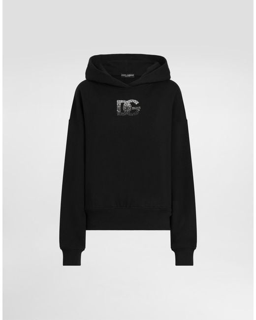 Dolce & Gabbana Black Jersey Hoodie With Rhinestone-Detailed Dg Embellishment