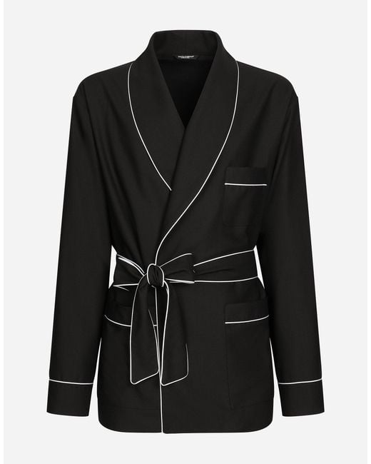 Dolce & Gabbana Black Wool Piped Robe Coat for men