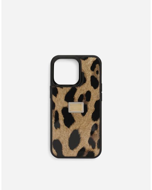 Dolce & Gabbana Brown Cover für iPhone 14 Pro aus glänzendem Kalbsleder mit Leopardenmuster-Aufdruck