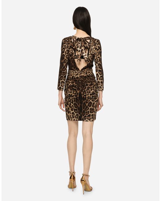 Dolce & Gabbana Multicolor Kurzes Kleid Aus Charmeuse Leoprint Mit Schleife