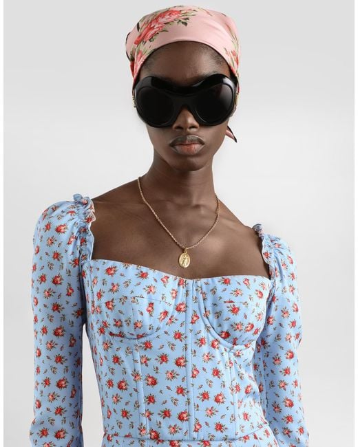 Dolce & Gabbana Blue Silk Dress With Floral Motif