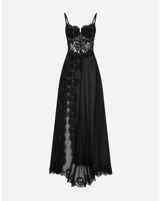 Dolce & Gabbana Black Long Silk Chiffon And Chantilly Lace Slip Dress