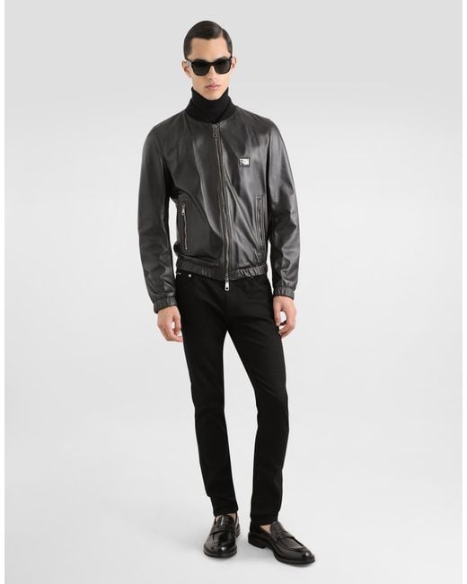 Dolce & Gabbana Black Lamb Leather Jacket With Front Metal Logo Plaque for men