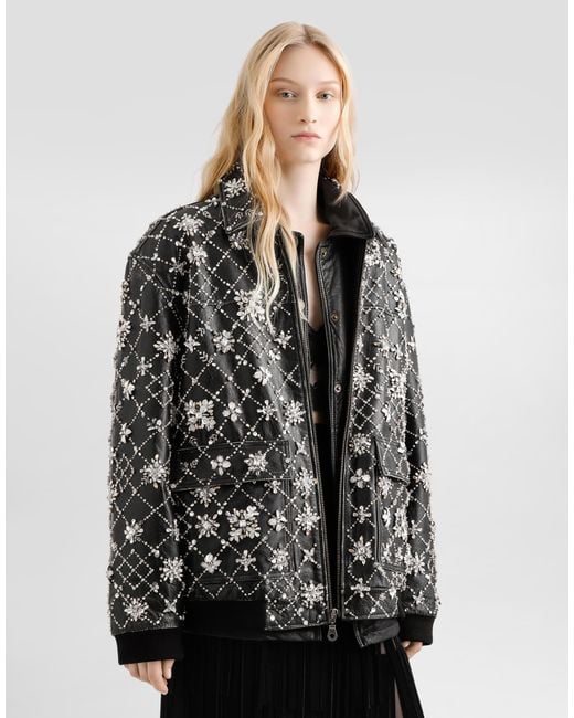 Dolce & Gabbana Black Vintage Leather Jacket With Embroidery