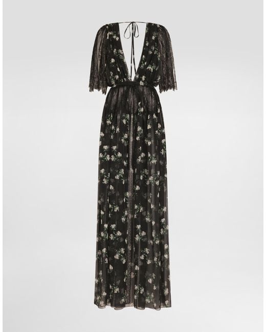 Dolce & Gabbana Black Violets-Print Chiffon Robe Dress