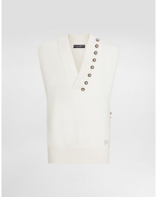 Dolce & Gabbana White Wool V-Neck Vest With Bejeweled Buttons And Dg Embroidery for men
